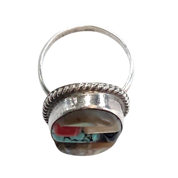 Native American Inlaid Stone Ring Turquoise Abalone Coral Sterling Silver 925 - Picture 4 of 5